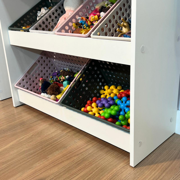 organizador de brinquedos com prateleira 4 caixas pequenas e 2 grandes 6