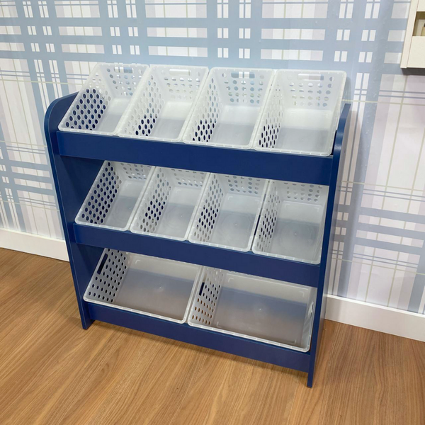 organizador de brinquedos azul com caixas inclinadas 2