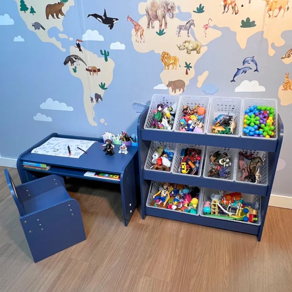 kit mesa com cadeira organizador de brinquedos azul 1