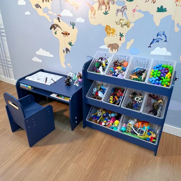 kit mesa com cadeira organizador de brinquedos azul 3