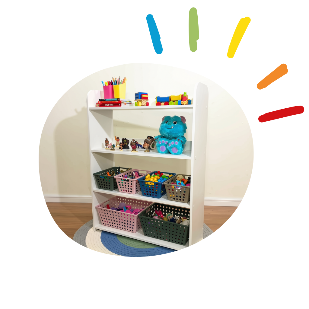 organizador infantil de brinquedos com 4 prateleiras acompanha 4 caixas one grande e 2 caixas 1