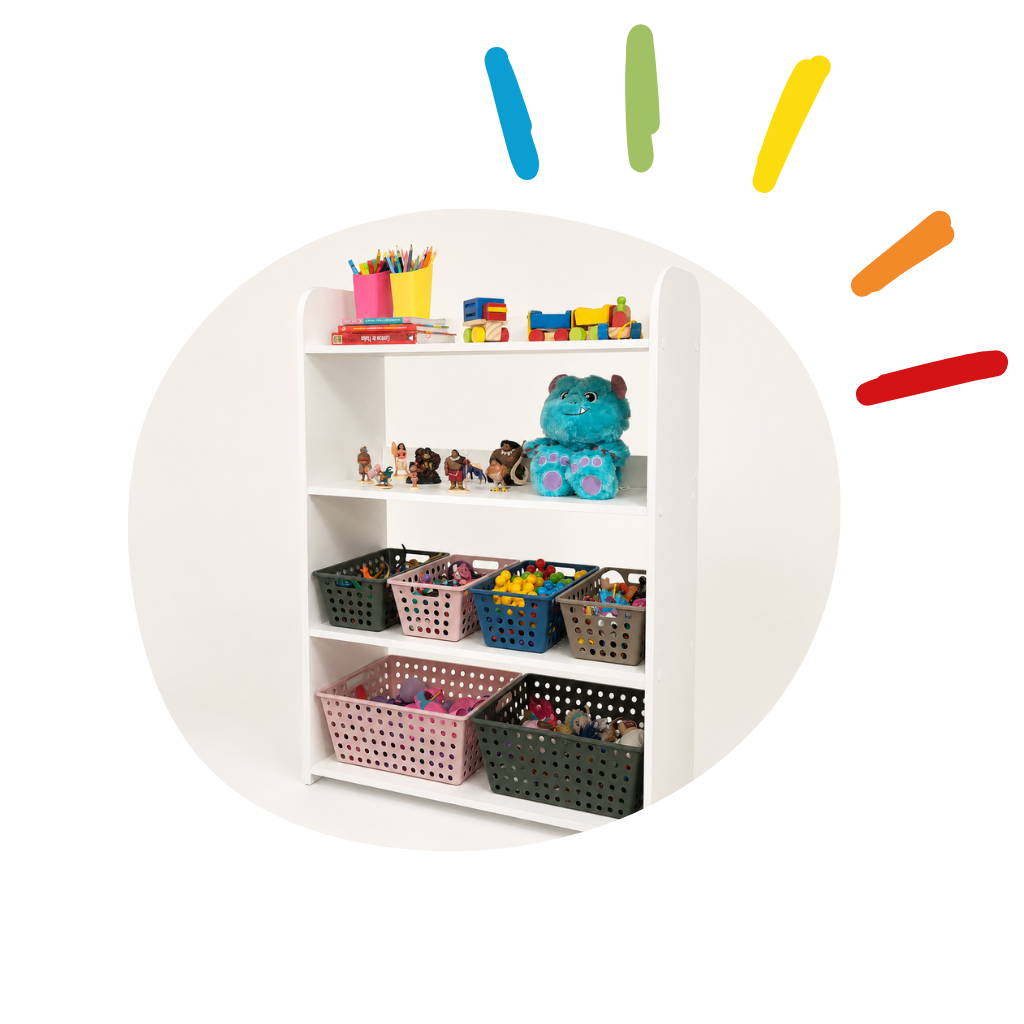 organizador infantil de brinquedos com 4 prateleiras acompanha 4 caixas one grande e 2 caixas 10